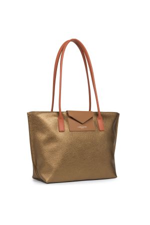 Sac cabas shopping épaule Maya vinyle + cuir-Gold + Camel + Potimarron