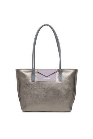 Sac cabas shopping épaule Maya vinyle + cuir-Étain + Mauve + Gris