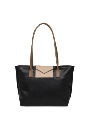 Sac cabas shopping épaule Maya vinyle + cuir - Noir + Camel + Nude