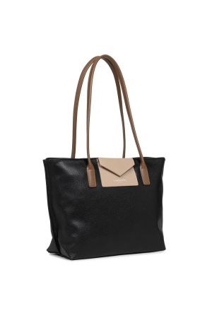 Sac cabas shopping épaule Maya vinyle + cuir - Noir + Camel + Nude
